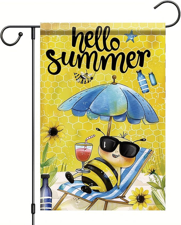 Summer Garden Flag 12x18 Inch Hello Summer Bee Honeycomb Beach Chair Sunglasses Cute Cartoon Design Outdoor Yard Porch Lawn Patio for Seasonal Farmhouse Home Decor