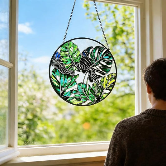 8'' Stained Glass Window Hanging, Monstera Plant Stained Glass Suncatcher, Window Hanging Decor, Plant Lover Decor, Plant Lover Gifts, Home Garden Housewarming Gifts