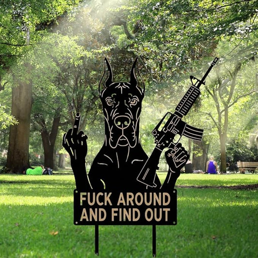 F Around & Find Out Dog Sentry Metal Dogs Silhouette Garden Stake with Middle Finger &Weapon Sign, FAFO Security Sign Middle Finger Dog Statue Decor for Outdoor Yard Patio (Great Dane, 8 * 16")