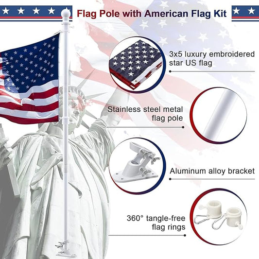 Flag Poles for Outside House with American Flag 3x5 - Flag Pole Kit includes 6ft Tangle Free House Flag Pole,Embroidered US Flag,Holder Bracket,Residential Flag Pole for House,Porch,Outdoor-White