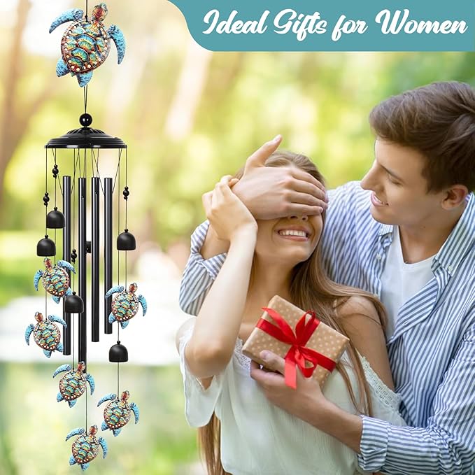 Sea Turtle Wind Chimes Outdoor with 4 Aluminum Tubes 36" Decorative Turtles Gifts for Women Rustic Design Hanging Wind Chime for Outside with Ring Home Decor for Garden Patio Yard Window