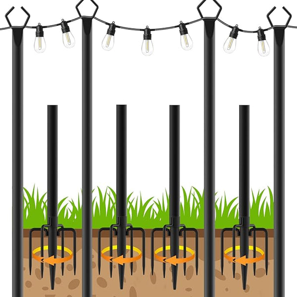 AHRLHR 4 Pack String Light Poles, Outdoor String Light Pole 10ft Forked Metal Light Pole with Adjustable Outdoor Light Stand, Deck, Backyard, Garden, Wedding, Rustproof and Sturdy with Hooks
