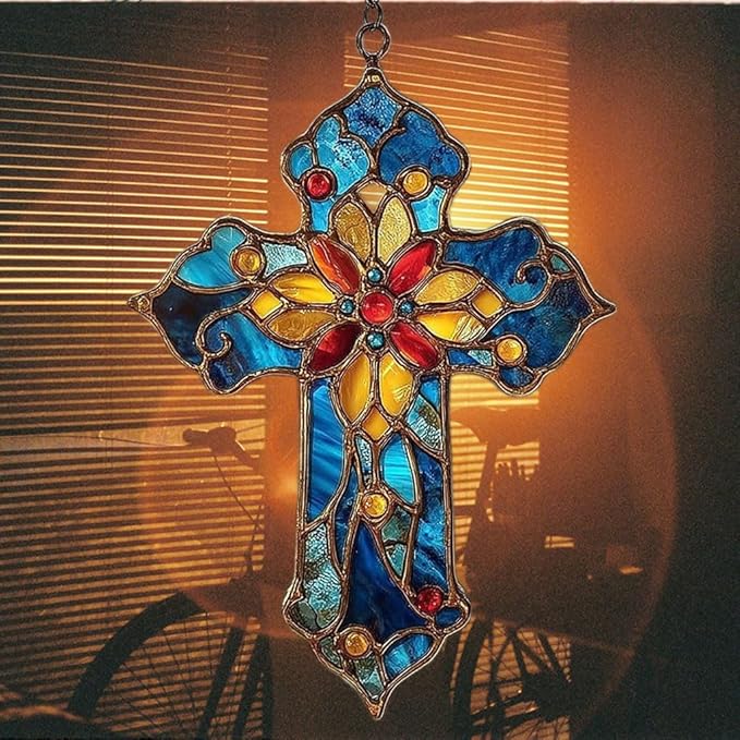 Mosaic Style Christian Cross Tiffany Effect Acrylic Suncatcher Stained Glass Effect Window Car Hanging Christmas Ornament Indoor Outdoor Decor Garden Sun Catcher Panel for Women Mom Grandma
