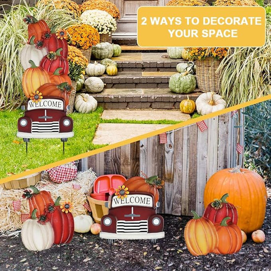YEAHOME Fall Decorations Outdoor,Multiple Stacked Pumpkin Truck Decorative Garden Stakes for Fall Decor, Autumn Metal Yard Signs for Home Outside Garden Lawn Porch, Thanksgiving Decorations Outdoor