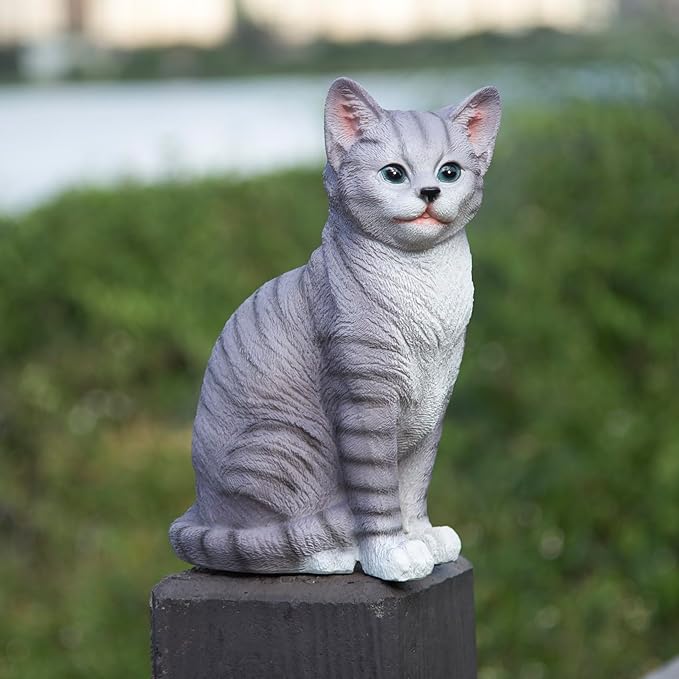 Outdoor cat Sculpture Garden Cat Statue, Gray Resin, 10.8 x 7 x 4.7 inches, Grey Kitten Statue Courtyard, Lawn, Yard Decoration, Cute Kitten Gift