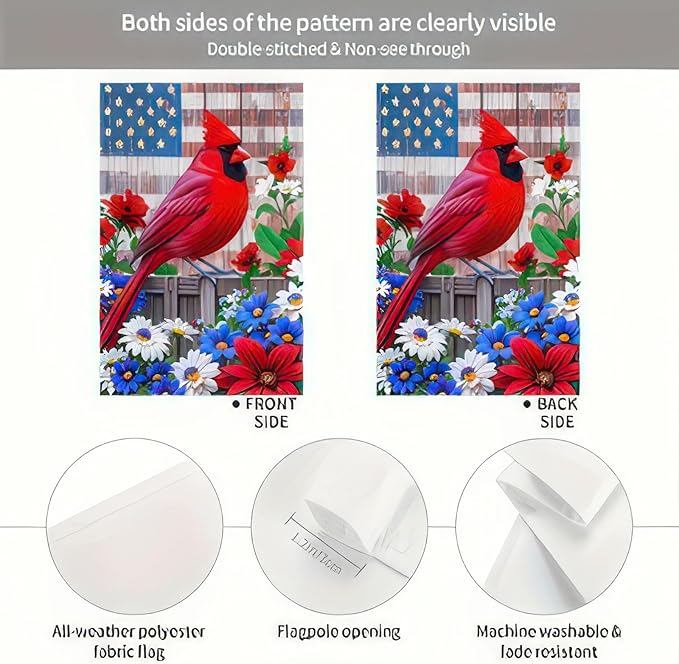 BlissYard Patriotic 4th of July Cardinal Bird Garden Flag American Memorial Day Yard Red Bird Dogwood Flower USA America Outside Decoration Summer Outdoor Small Decor Double Sided 12x18