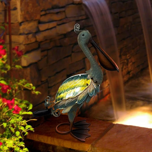 HONGLAND Solar Metal Pelican Statues Garden Sculpture & Statues, Glass Outdoor Pelican Yard Art Coastal Ocean Bird Decor Lawn Ornament for Backyard Porch Patio Decor(19 Inch)