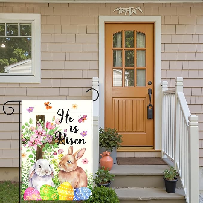 He Is Risen Easter Garden Flag for Outdoor Spring Christian Cross Floral Bunny Egg Yard Banner Religious Resurrection Sunday Decor Double Sided Farmhouse House Welcome Flags 12x18 Inch