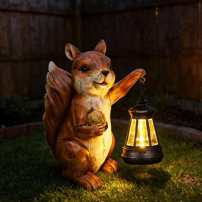 Garden Statue Outdoor,Solar Squirrel Decor Lights,Resin Figurine Squirrel with Solar Light for Patio,Balcony,Yard,Lawn Ornament,Perfect Garden Gift(Squirrel 1)