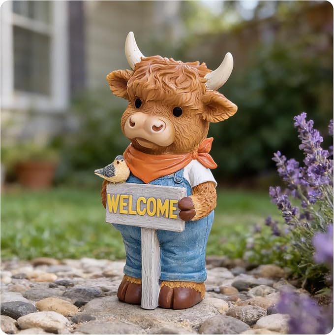 Solar-Powered Resin Highland Cow Welcome Statue with Light-Up Welcome Sign and Perched Bird, Garden Decor for Porch, Patio or Entryway