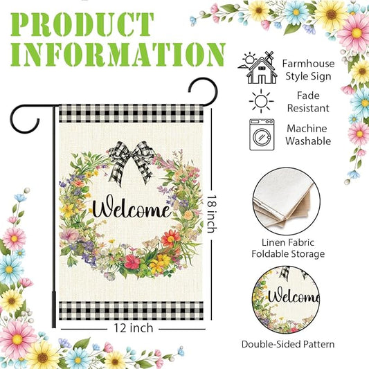 Welcome Spring Garden Flag for Outside,Floral Wreath Spring Garden Flag Yard Lawn Porch Flags for Outdoor Decorations 12x18 Inch Double Sided