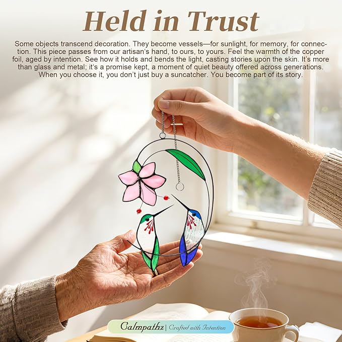 Handmade Real Stained Glass Hummingbird Suncatcher - 8 Inch Two Hummingbirds on Branch with Flowers, Tiffany Copper Foil Window Hanging, Bird Safe Gift for Mom Grandma, Bird Lovers Home Decor