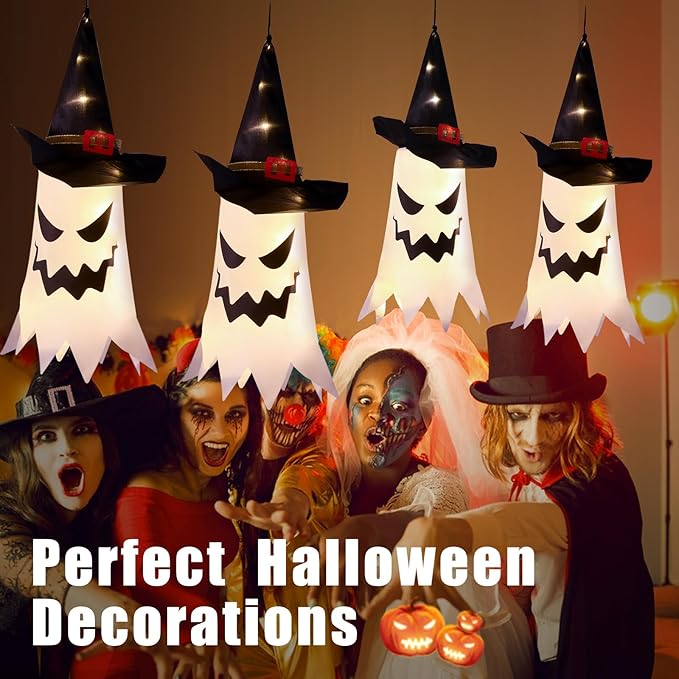 Halloween Decorations Outdoor Halloween Decor Hanging Outdoor Glowing Ghost Witch Hat Decorations Indoor Ornaments for Home Tree Garden Yard (4Pcs)