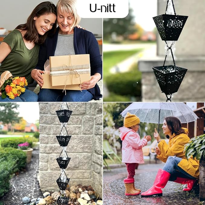 U-nitt Rain Chain Water Collection for Gutters Rainwater Catcher & Diverter, 8.5 FT Chains for Outside Garden, Black Square Cups, Roof Downspout, Works with Heavy Rain, w/Gutter Clip for Rainchains