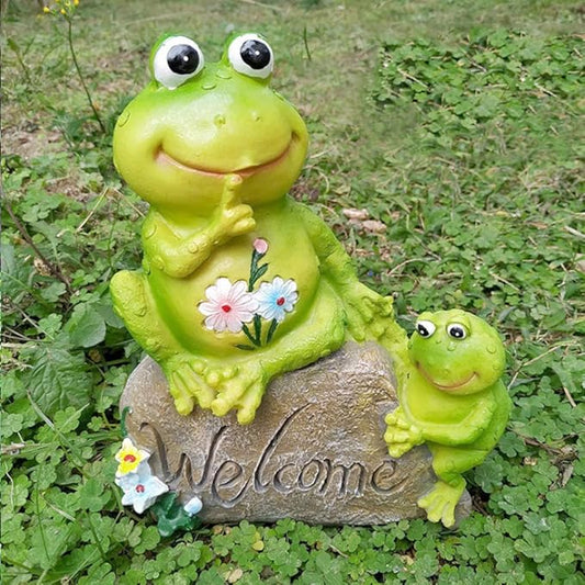 Frog Statue, Frog Welcome Sitting on Stone Figurine Landscape Resin Sculpture