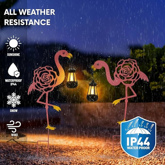Solar Flamingo Light with Lantern - Outdoor Garden Decor, Metal Rose Cut-Out, Warm Auto-On Light, Gift for Patio, Yard, Party Decoration(2 Pack)