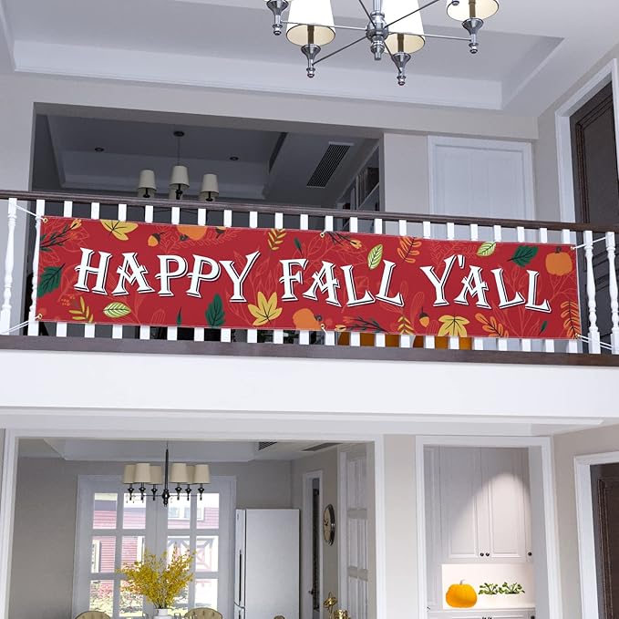 Probsin Happy Fall Banner 120"x 20" Decorations Outdoor Thanksgiving Decor Autumn Party Supplies Maple Leaves Happy Fall Y'all Holiday Harvest Welcome Hanging Backdrop for Garden Fence Yard Lawn Porch