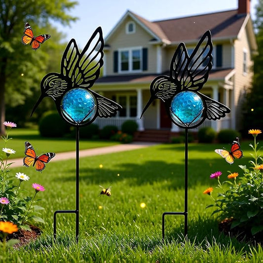Hummingbird Solar Lights Outdoor Decorations, 2 Pack Metal Iron Solar Stake Lights for Yard, Garden, Lawn Decor