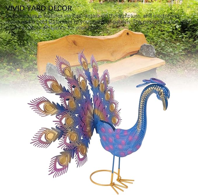 Peacock Garden Statue | Iron Yard Decor with Vivid Colors & Intricate Details | Outdoor Patio/Lawn/Porch Decoration | Freestanding Sculpture for Backyard