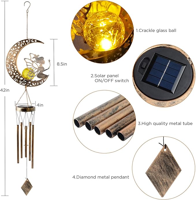 Fairy Moon Solar Light Wind Chimes for Outside for Women Mother Grandma Wife Birthday Gift Crackle Glass Ball Windchimes Gardening Gifts for Outdoor Patio Decor Yard Porch Decorations