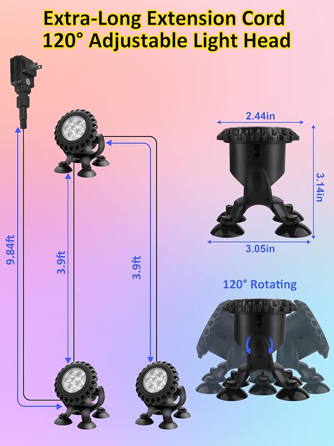 T-SUN Colored Pond Lights with Timer, LED Underwater Pond Light Submersible Fountain Lights for Fish Tank Landscape Spotlight - Remote Control, IP68 Waterproof, Aquarium, Waterfall, Yard (3 Heads)