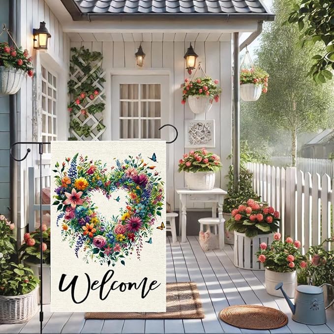 Welcome Spring Summer Garden Flag 12x18 Inch Colorful Floral Love Hearts Garden Flags Double Sided Small Burlap Birds Flowers Butterflies Outdoor Decor Patio Yard Outside Decorations