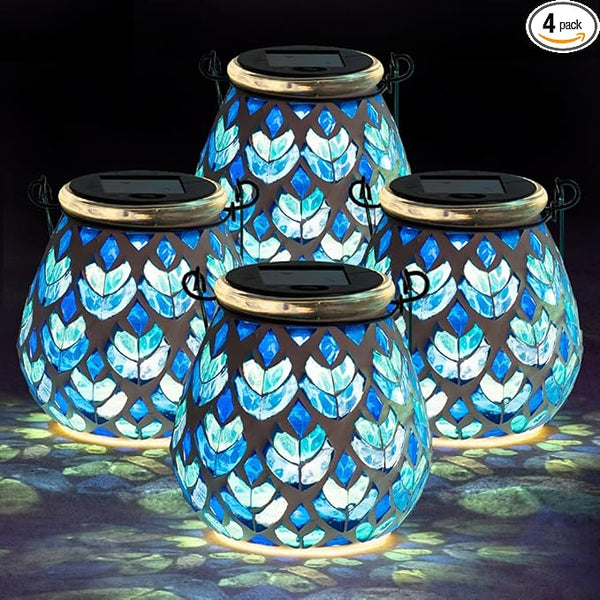 Stargarden 4 Pack Mosaic Solar Lanterns, Blue Glass Hanging Lantern Waterproof Outdoor Hanging Solar Lights Table Lamp for Garden ,Patio,Yard Decor