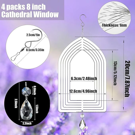4Pack 8inch Sublimation Wind Spinner Blanks 3D Aluminum Metal Wind Sculpture Kinetic Spinners for Yard and Garden Indoor Art Ornaments Hanging Decoration (Cathedral Window)