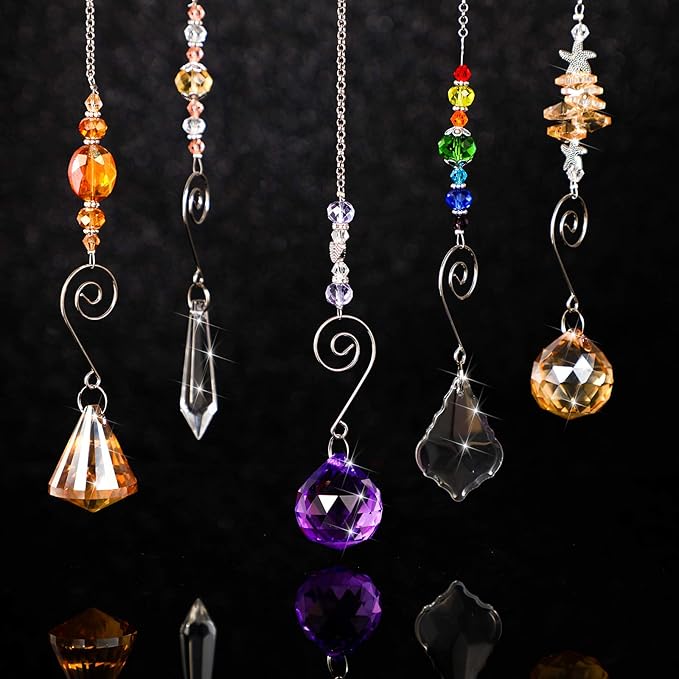 Hicarer 9 Pcs Crystal Suncatchers Hanging Catchers with Chain Colorful Glass Pendant Beads Chandelier Prism Ornament for Window Home Wall Cars Decor Wedding Birthday Anniversary Party Gifts