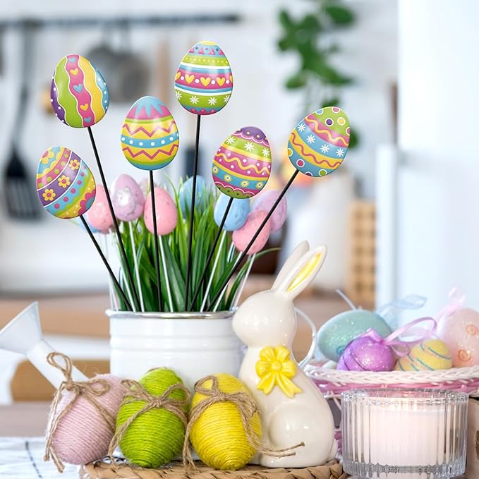 Shimeyao 6 Pcs Metal Easter Garden Stakes Happy Easter Metal Garden Signs Colorful Egg Shape Yard Stakes Outdoor Decor for Home Lawn Porch Holiday Front Backyard