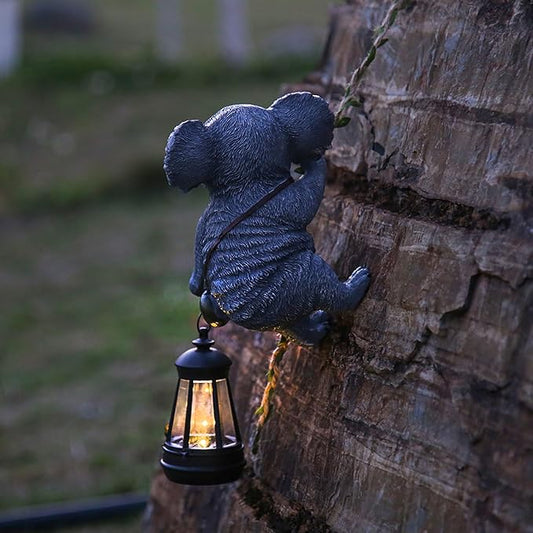 Decorative Koala Tree Climber with Solar Lantern, Gray Resin Garden Statue, Outdoor Hanging Animal Light