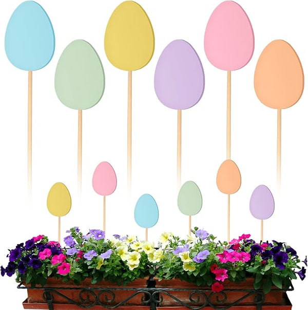 6 Pcs Wooden Easter Egg Garden Stakes Yard Decoration Front Yard Art Stick Flower Sticks Holiday Supplies for Easter Indoor and Outdoor Lawn Path Terrace Flower Pots Theme Event Party