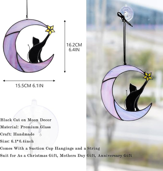 HDCRYSTALGIFTS 6.5'' Black Cat Decor on Purple Moon Stained Glass Window Hanging Suncatcher,Wall Art Glass Window Panel Sun Catcher,Halloween Decoration Memorial Gift for Lover Cat Loss