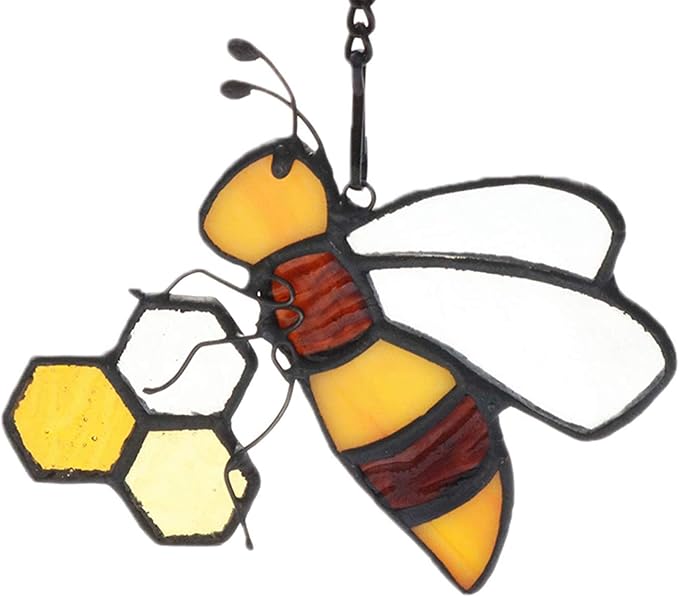 Bee On Honeycomb Stained Glass Window Hangings, Bees Suncatcher Garden Bee Decor Gift for Mom Women