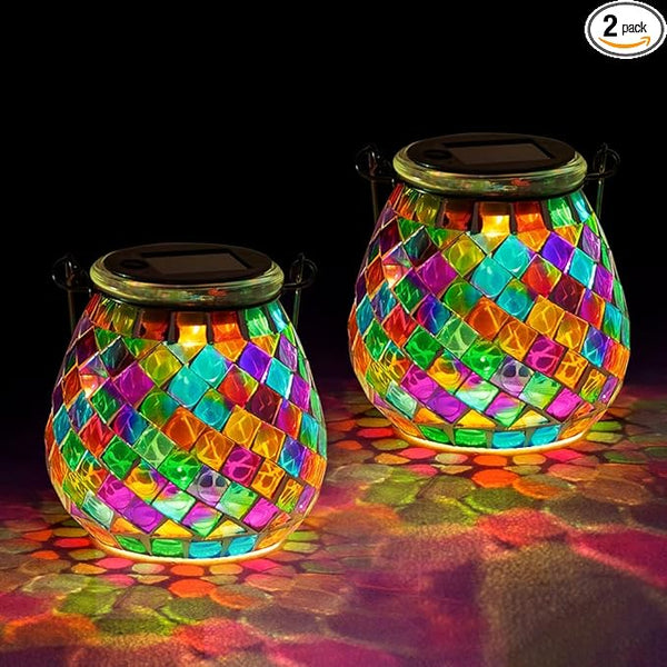 Stargarden 2 Pack Mosaic Solar Lanterns Outdoor Waterproof, Colorful Glass Hanging Lantern Decorative Solar Lights for Yard, Patio, Lawn, Gaden Decor