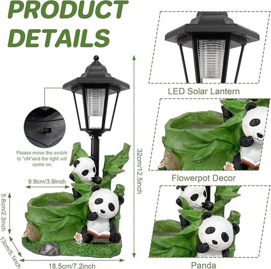 Panda Outdoor Statue with Solar Lantern Flowerpot for Garden Decor Panda Sculpture Figurine Bamboo for Patio Balcony Yard Lawn Decorations Gifts for Women Mom