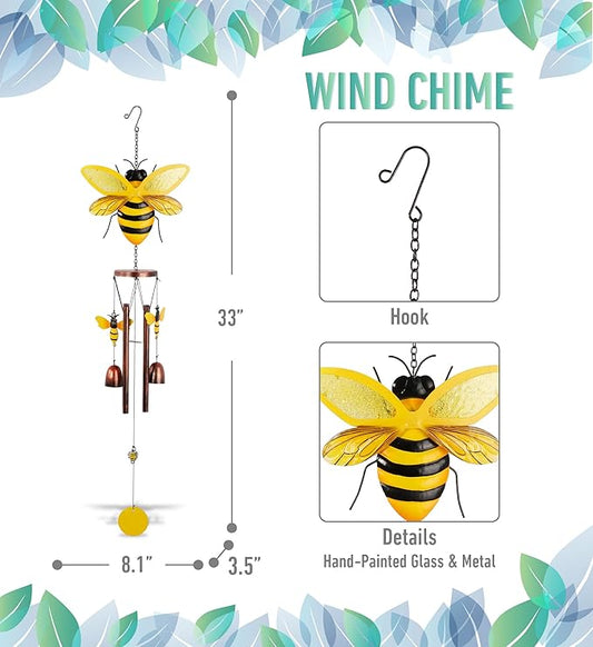 CoTa Global Bee Wind Chime - Handmade Metal and Glass Hanging Decor, Yellow and Black Garden Ornament with Copper Tubes, Indoor Outdoor Porch Patio Yard Decoration - 33 Inches