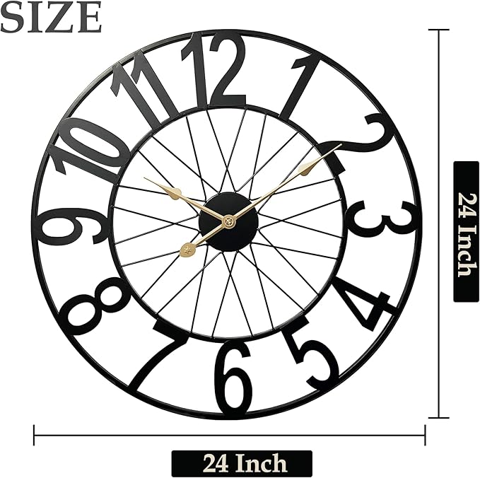 Large Outdoor Clock Battery Operated Silent, 24 Inch Modern Black Metal Wall Clock for Patio, Pool Area, Kitchen, Garden, Deck, Farmhouse, Living Room Decor