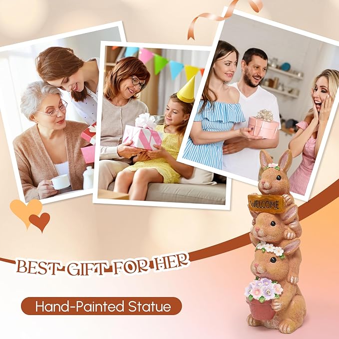 Solar Bunny Statues Outdoor Decor, Garden Sculptures with Welcome Sign Funny Rabbit Figurines for Yard Art Lawn Ornaments Porch Patio Balcony - Birthday Gifts for Women Mom Grandma