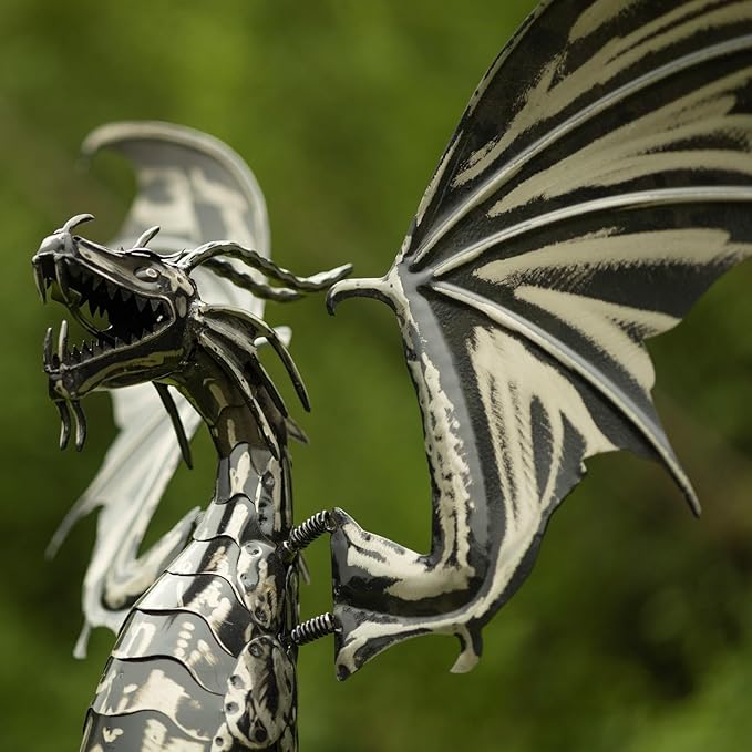 Zaer Ltd. Metal Dragon Rocking Garden Stake, Kinetic Wind Decor, Metallic Black Finish, Moving Wings (Tail Down Moonfyre)
