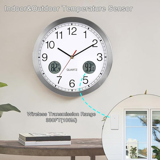 jomparis Outdoor Clock with Outdoor and Indoor Thermometer Combo,12 Inch Metal Frame Outdoor Wall Clock for Patio Pool (Silver)