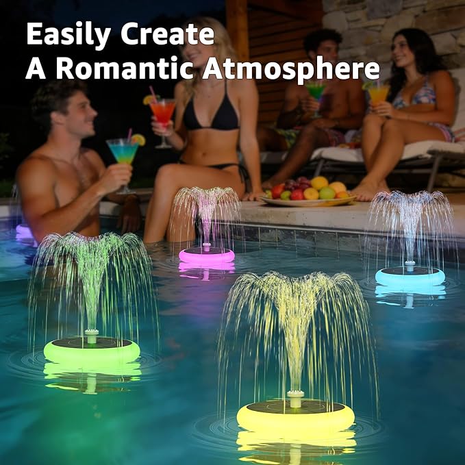 2 Pack Solar Fountain for Bird Bath with RGB LED Lights and 6 Nozzle, 3W Solar Powered Water Pump for Pond Pool Patio and Garden Aquarium Outdoor