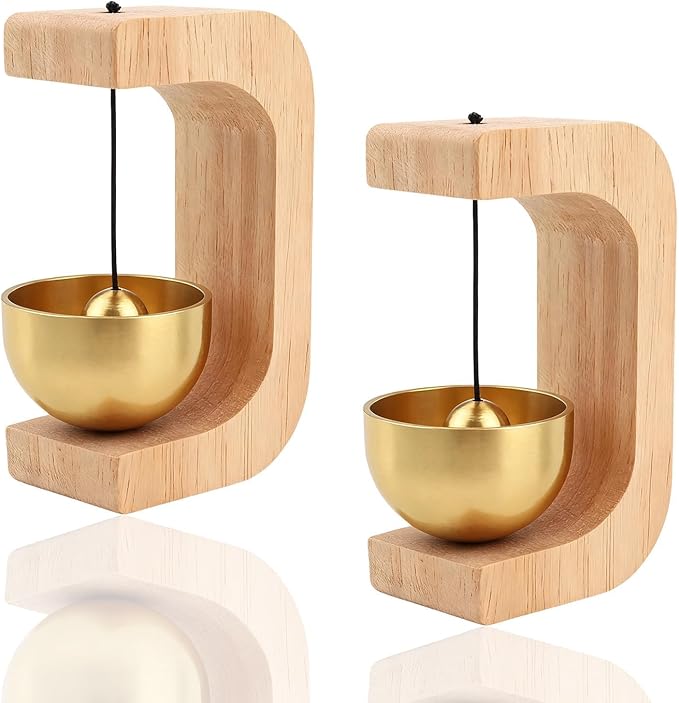 2Pcs Magnetic Wooden Doorbell with Brass Bell, Beech Wood Entry Alert Chime for Home and Office, Decorative Shopkeepers Bell for Retail Shop, Minimalist Door Opening Bell with Adhesive Backing