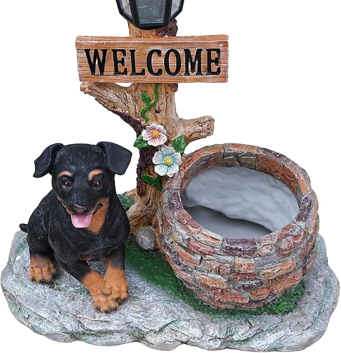 20" Solar Rottweiler Garden Statue with Welcome Sign & Planter - Large Dog Sculpture with LED Street Lantern - Weatherproof Resin Decorative Flower Pot for Porch, Yard & Patio - Pet Lover Gift