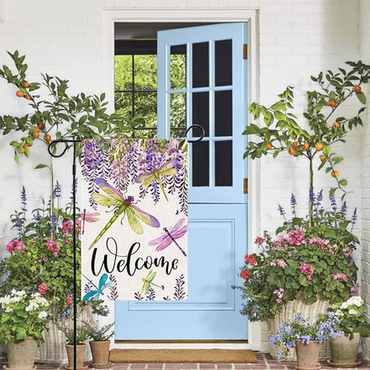Baccessor Spring Summer Flower Garden Flag Wisteria Dragonfly Floral Welcome Small Yard Flag Burlap Double Sided Vertical Seasonal Farmhouse Wedding Outside Outdoor Decoration 12.5x18 Inch