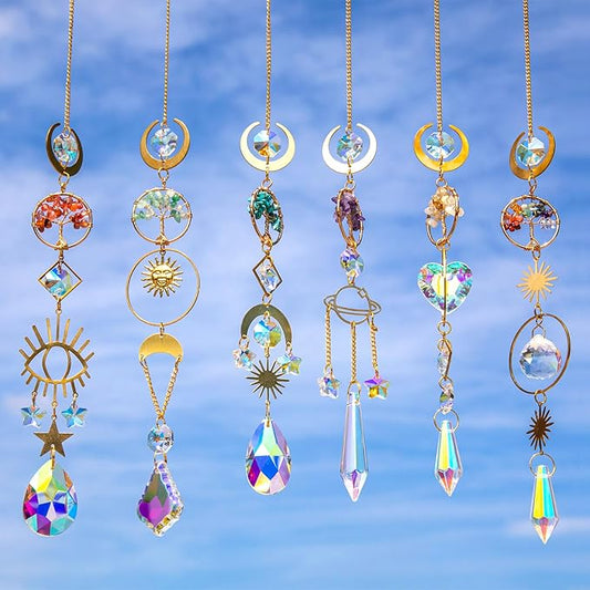 6 PCS Crystal Suncatchers for Window Hanging, Sun Catchers Indoor Window Garden Hanging with Crystals Prism Light Catcher,Tree of Life Crystal Suncatcher for Indoor Outdoor Home Garden Party Decor