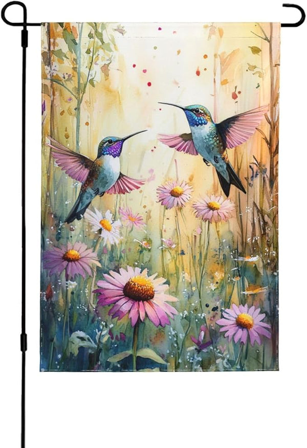 Hummingbirds and Flowers Garden Flags 12×18 Inch Spring Summer Double Sided Decorative Yard Banner Seasonal Flag for Outdoor Outside Decor