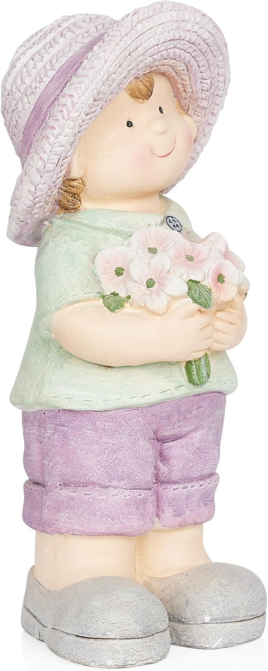 Alpine Corporation QWR1458 Outdoor Little Boy with Flowers Garden Statue, Playful Child Statue for Yard, 16" H, Purple