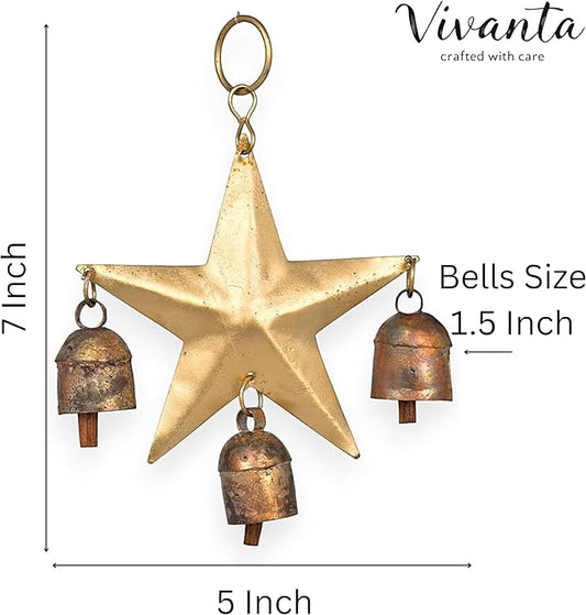 Wind Chime for Outside with 3 Rustic Cow Bells – Gold Metal Hanging Jingle Bell Chime for Yard, Garden, Wall, Outdoor Indoor Home Decor, Christmas Ornament, Boho Farmhouse Decor (Star 7x5)