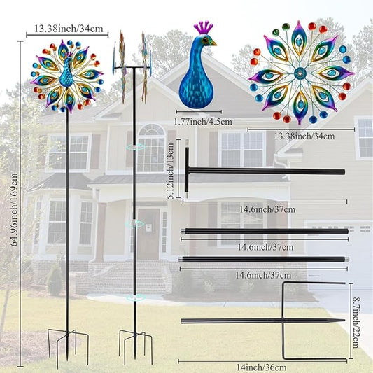 Peacock Outdoor Wind Spinner, 64 Inch Double Wind Sculpture,Waterproof Wind Sculptures & Spinners, Metal Windmill for Garden Yard Patio Decoration